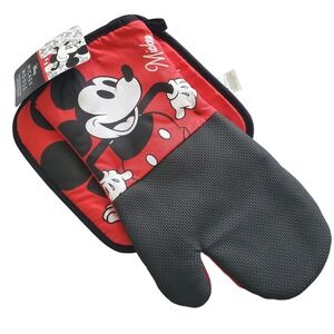 Disney Mickey Mouse Oversized Oven Mitt + Pot Holder Set Red Black Retro Gift 80